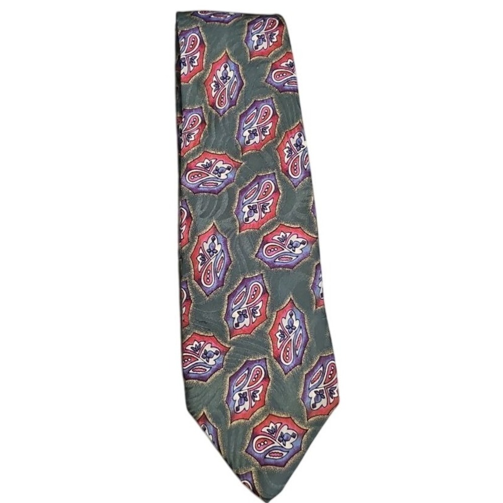 Christopher Hayes‎ Vintage 100% Silk Tie Paisley Pattern Green Red Purple USA